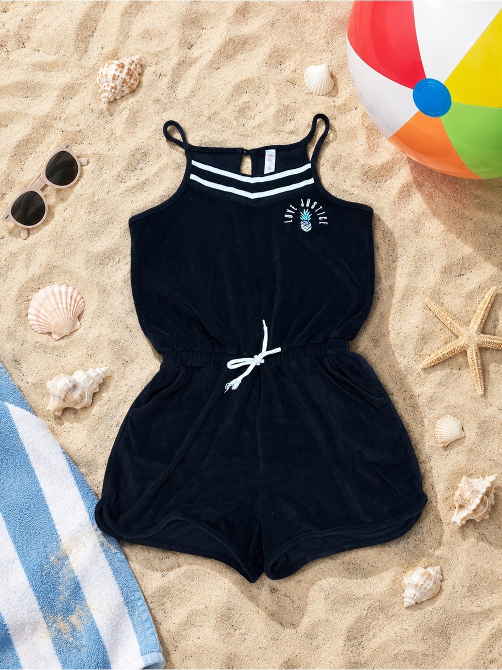 Justice Girls' Black Terry Romper with Pineapple Accent “love justice” size 18